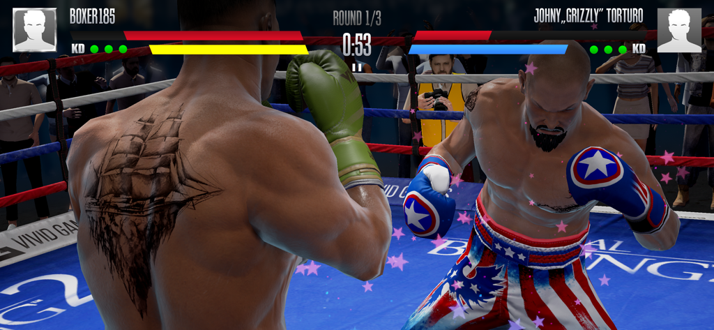 High-fidelity boxing match in Real Boxing 2 showing player character with custom back tattoo against Johny Torturo