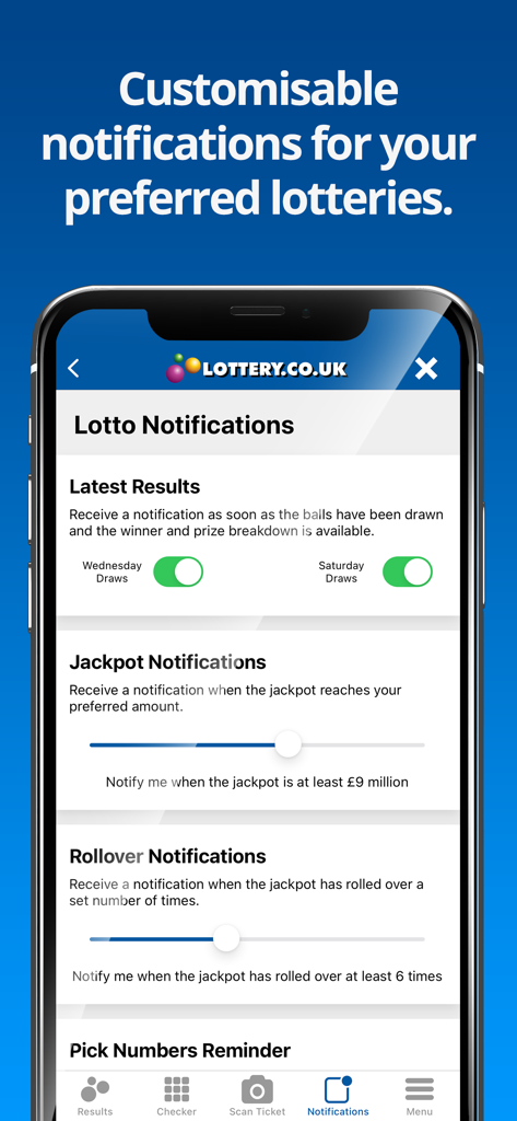 National Lottery Results - Interfaz para personalizar las notificaciones de resultados de lotería y premios mayores en la aplicación