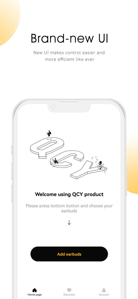 Welcome screen of the QCY app featuring its brand new user interface and an add earbuds button