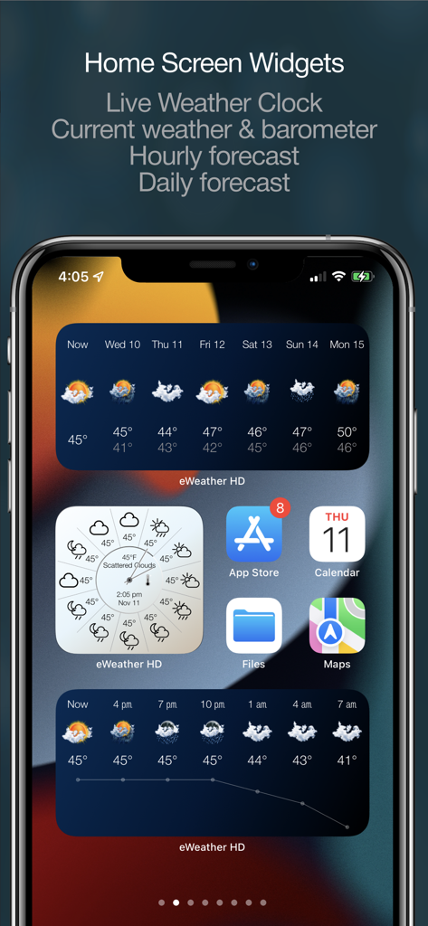iPhone 홈 화면에 날씨 시계 및 시간별 예보 그래프를 포함한 eWeather HD 위젯이 표시된 모습