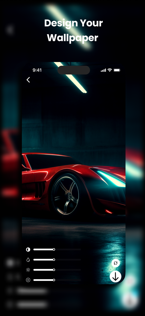 Schermata dello smartphone che mostra uno sfondo 4K di un'auto sportiva rossa con cursori di personalizzazione per luminosità e contrasto.