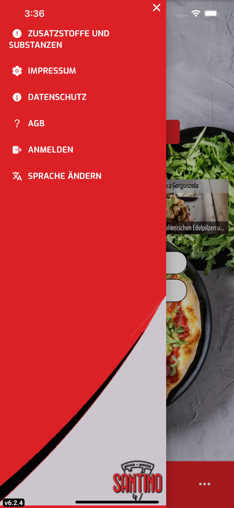 Pizza Taxi Santino Boden - Side navigation menu of the Pizza Taxi Santino Boden mobile app showing options for login and legal information