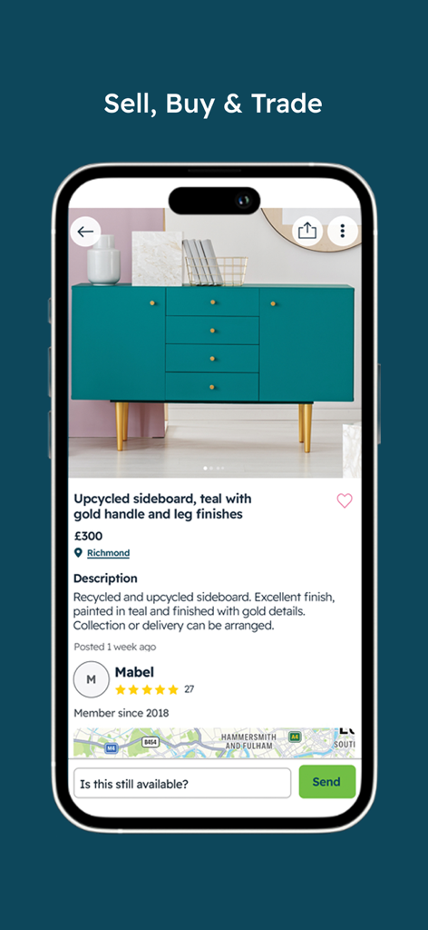 Gumtree – Buy & Sell - Interfaz de la aplicación Gumtree mostrando un anuncio de un aparador azul verdoso reciclado