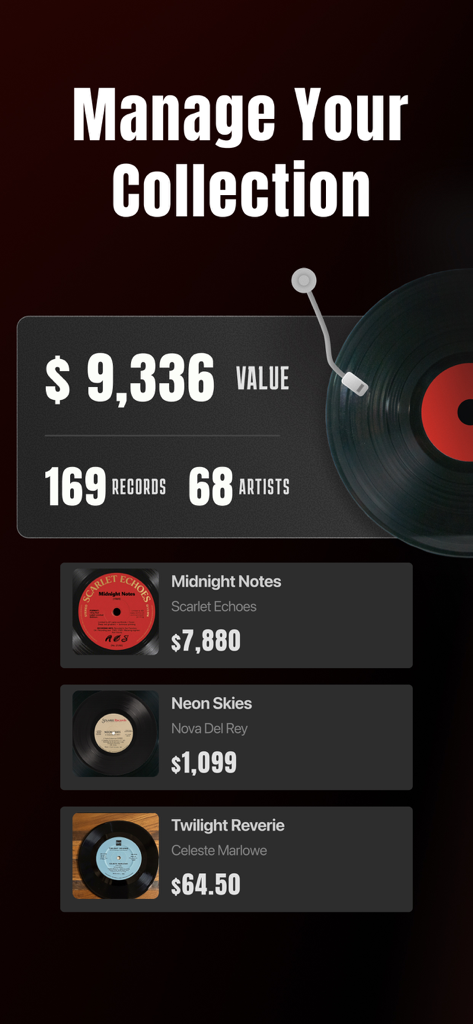 A mobile app screen showing a vinyl record collection inventory with its total market value