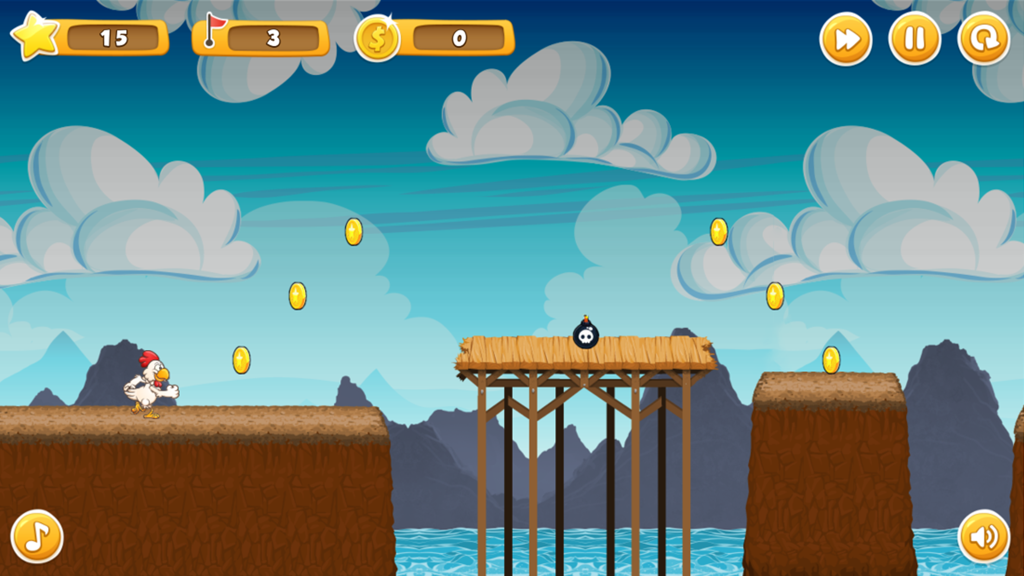 Cartoon chicken jumping over a bomb and collecting gold coins in a platform game