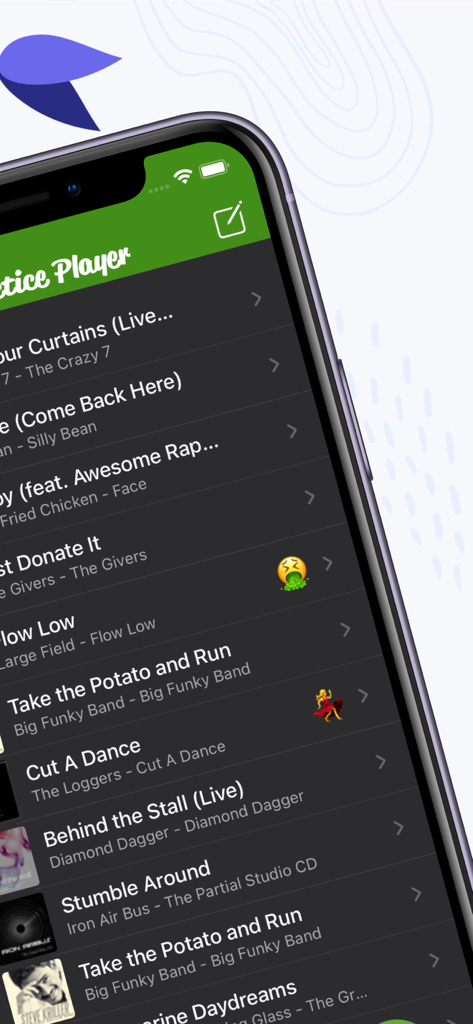 Practice Player - Slow Songs - Practice Player app song library screen displaying tracks for music practice.