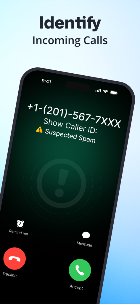 Show Caller ID PRO app interface identifying an incoming call as suspected spam