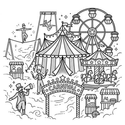 Dive into the vibrant energy of a classic carnival, reimagined with a dynamic Pop Art twist and shrouded in a whimsical mist. This exciting coloring page brings fairground attractions, lively performers, and iconic rides to your fingertips.