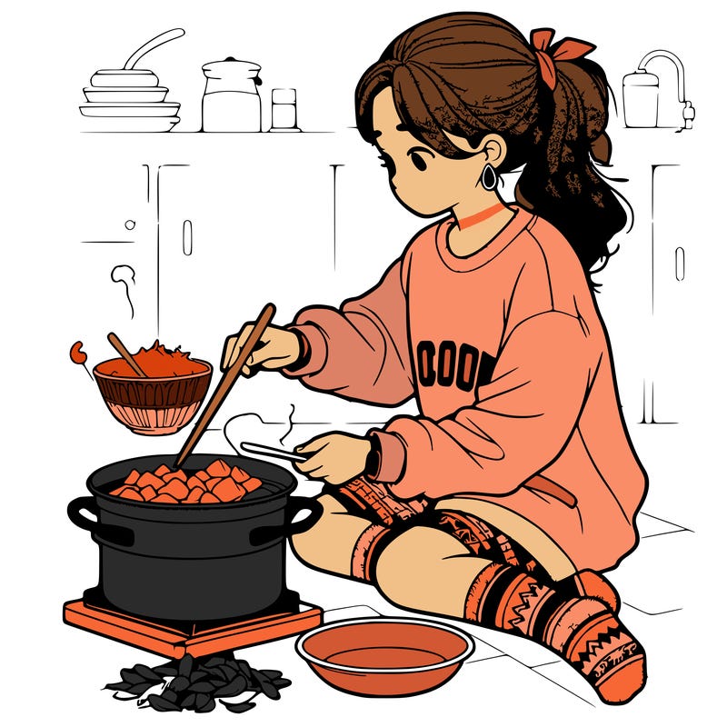 girl with sweatshirt and socks cooking, very realistic