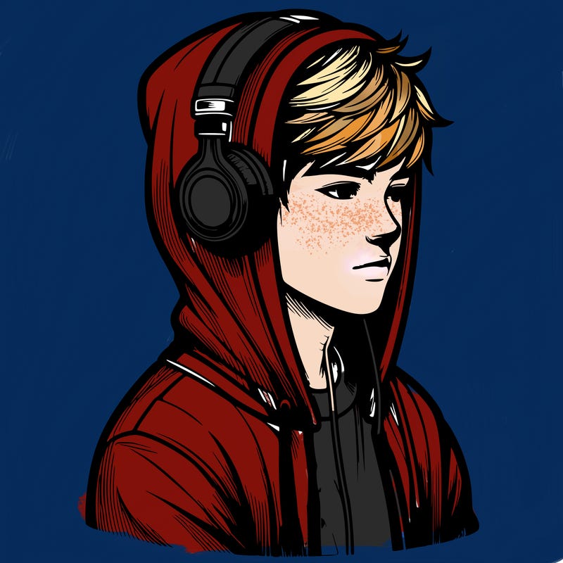 realistic teen boy wearing headphones and a hoodie