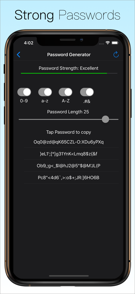Password Manager Data Vault - The password generator interface of DataVault Password Manager showing customizable settings for length and character types to create strong passwords.