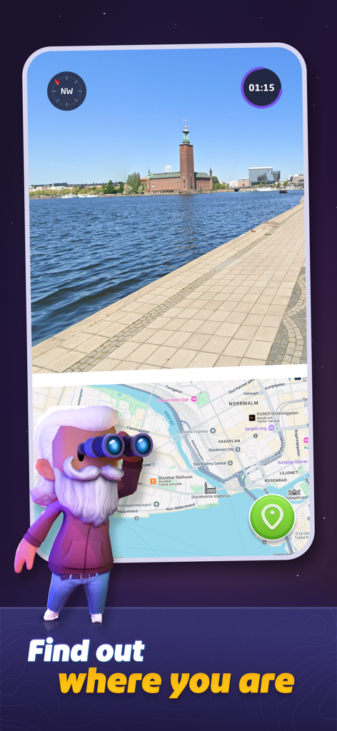 GeoGuessr mobile app interface showing a panoramic street view and a map for guessing locations