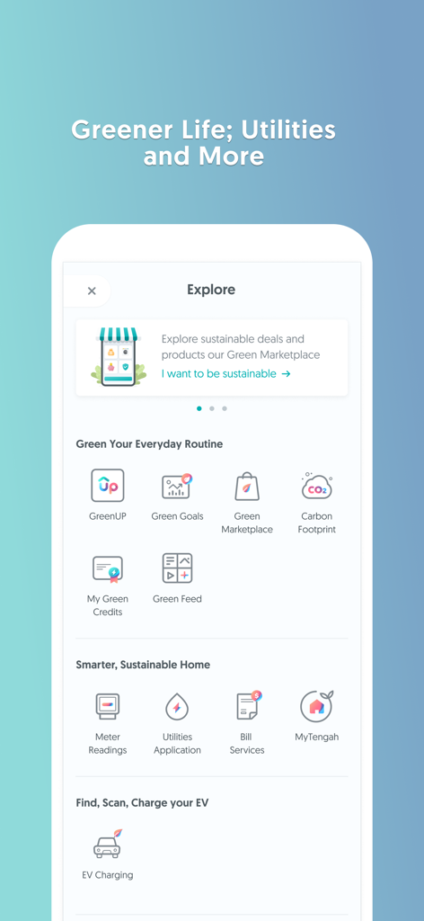 SP: Utilities & EV Charging - Explore screen of the SP app showcasing utility management and EV charging features