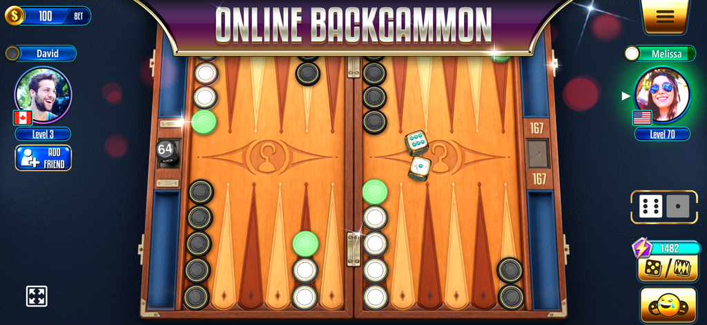 Dos jugadores compitiendo en una partida de backgammon online con gráficos de tablero 3D