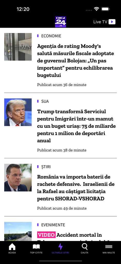 Digi24 - A news feed from the Digi24 mobile app showing various Romanian news categories including economy and international events.