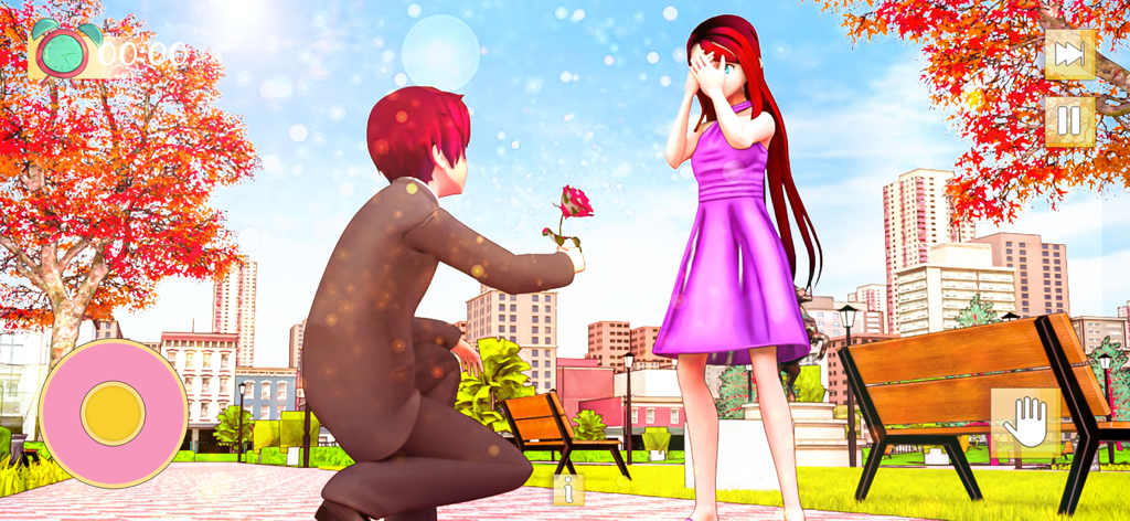 Pregnant Mom & Baby Anime Game - Um homem de anime se ajoelha para propor com uma rosa a uma mulher surpresa em um parque ensolarado na cidade.