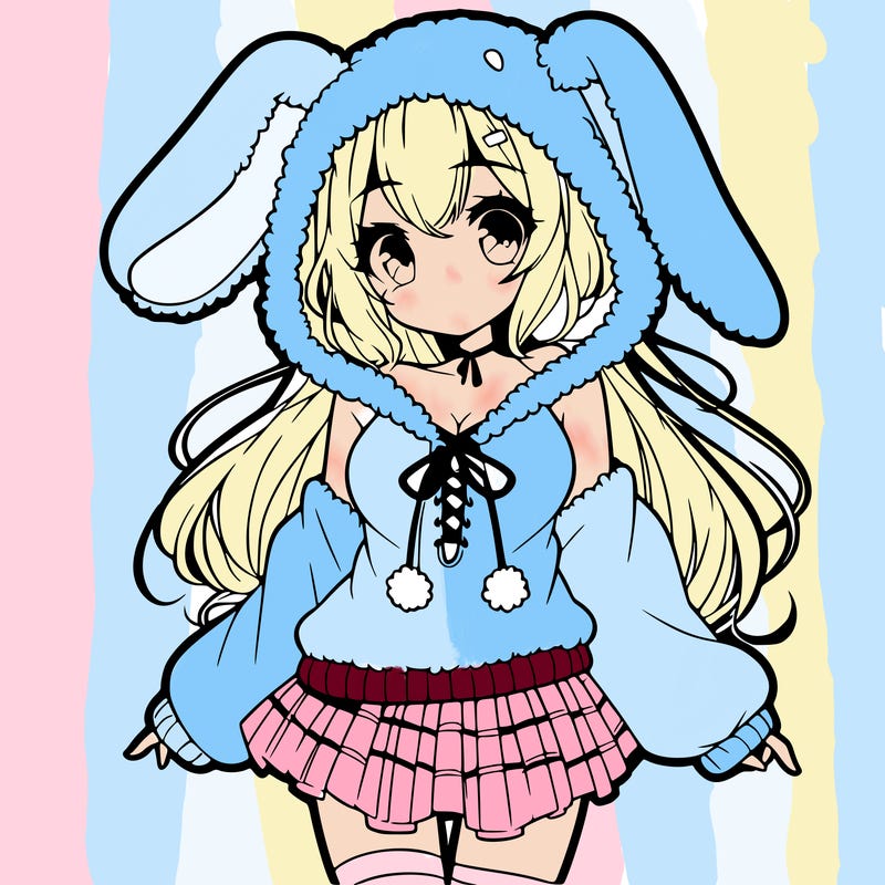 pretty anime girl wearing a fluffy hoodie with bunny ears on the hood and a skirt
