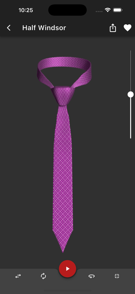 A 3D model of a Half Windsor necktie knot in the Knots 3D mobile app