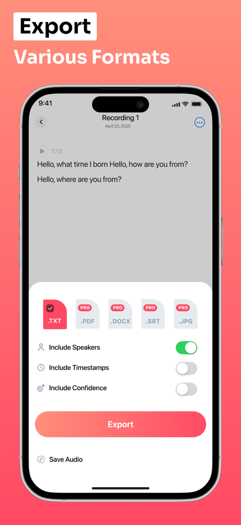 Transcribe it - Speech to Text - Interface of Transcribe it app showing export options for TXT PDF DOCX SRT and JPG formats with custom settings for speakers and timestamps