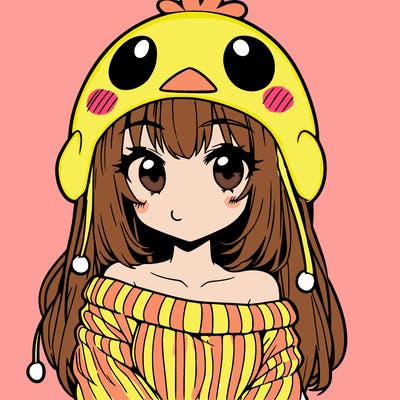 anime girl with chick shaped hat with sweater with bare shoulders with bangs covering them one eye with low tail