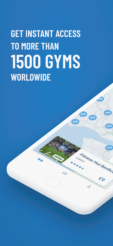 TrainAway: Find Gyms Worldwide - TrainAway mobile app screen showing a map of gyms worldwide with a promotional header for instant access to 1500 gyms