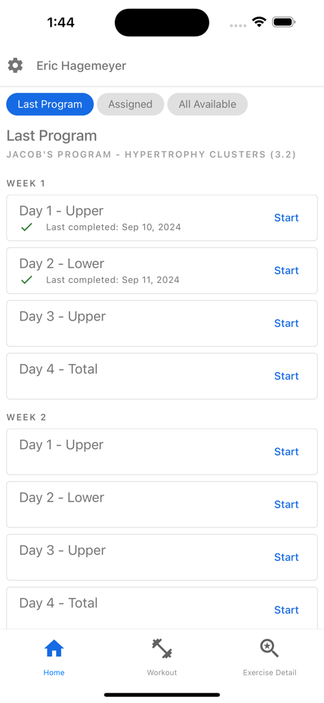 Perch Fitness - A list of weekly workout sessions for an athlete in the Perch Fitness app training program interface.