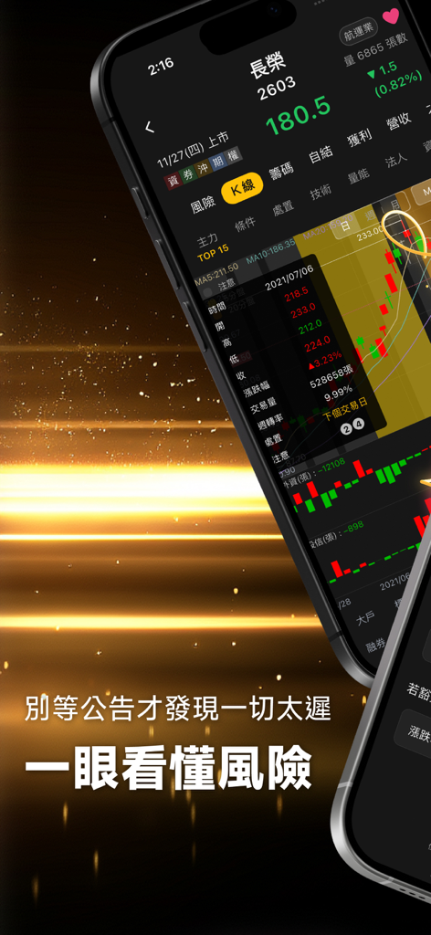 處置王－股市操盤手的秘密武器 - Pantalla del iPhone mostrando la aplicación Stock Warden con gráficos de acciones técnicos e indicadores de análisis de riesgo