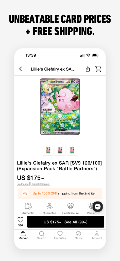 SNKRDUNK app interface showing a Lillie's Clefairy ex SAR Pokémon card listing with price and shipping details