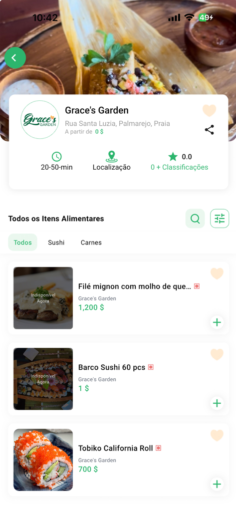 Bafa: pedir comida em casa - Écran du menu du restaurant Grace's Garden de l'application de livraison de repas Bafa à Praia, montrant des articles comme des sushis et des steaks