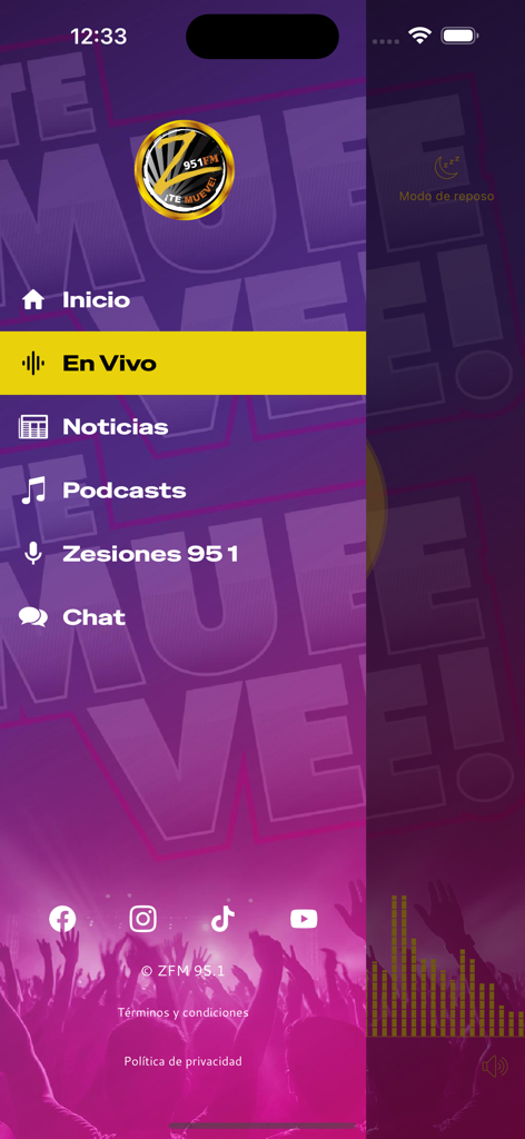 ZFM 95.1 - Mobile app interface for ZFM 95.1 showing the navigation menu with options for live radio and podcasts