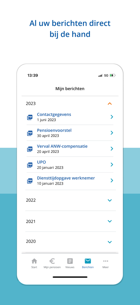ABP Pensioen - ABP Pensioen app screen showing personal messages and pension documents