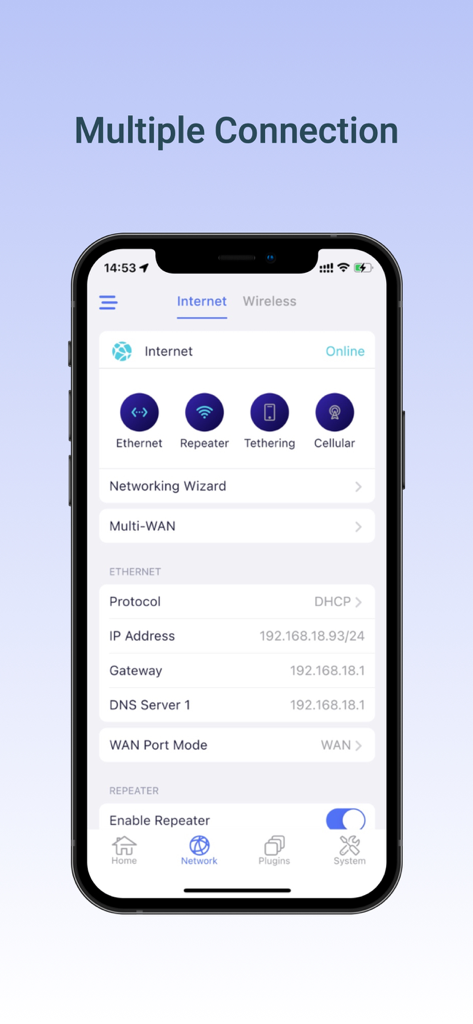 GL.iNet mobile app interface showing multiple internet connection settings including Ethernet, Repeater, and Tethering.