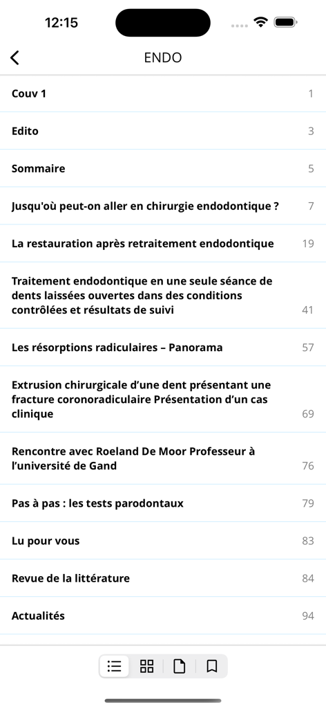 Quintessence Journals - Tabla de contenido de la revista ENDO dentro de la aplicación móvil Quintessence Journals