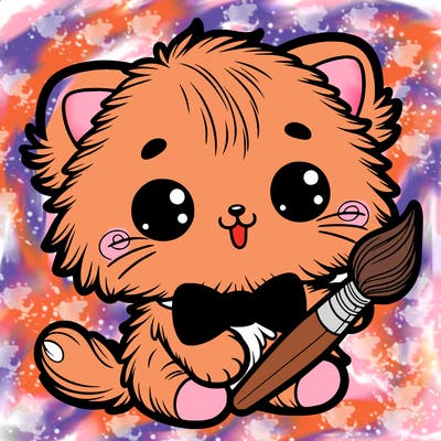an adorable fluffy kitten holding a paintbrush