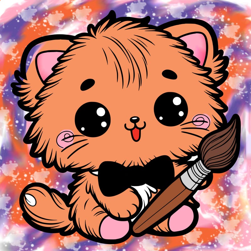 an adorable fluffy kitten holding a paintbrush