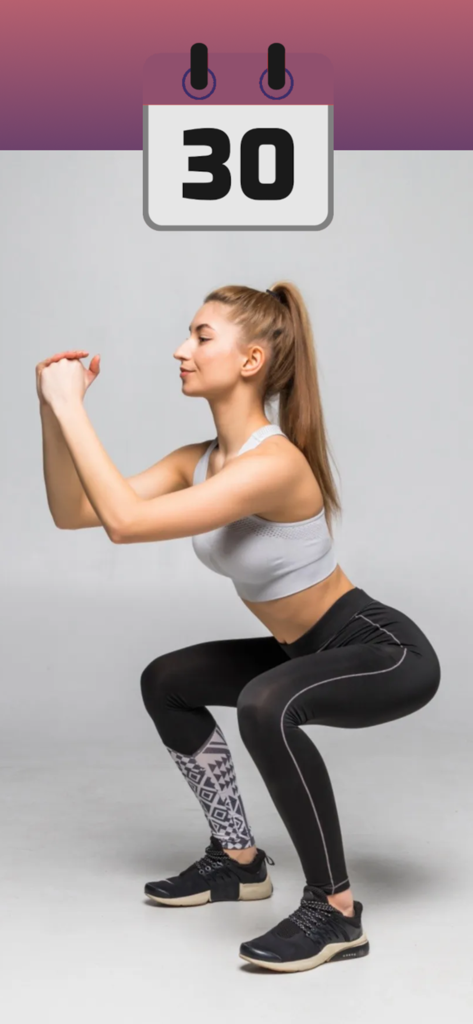 A woman performing a squat exercise with a 30 day challenge calendar icon
