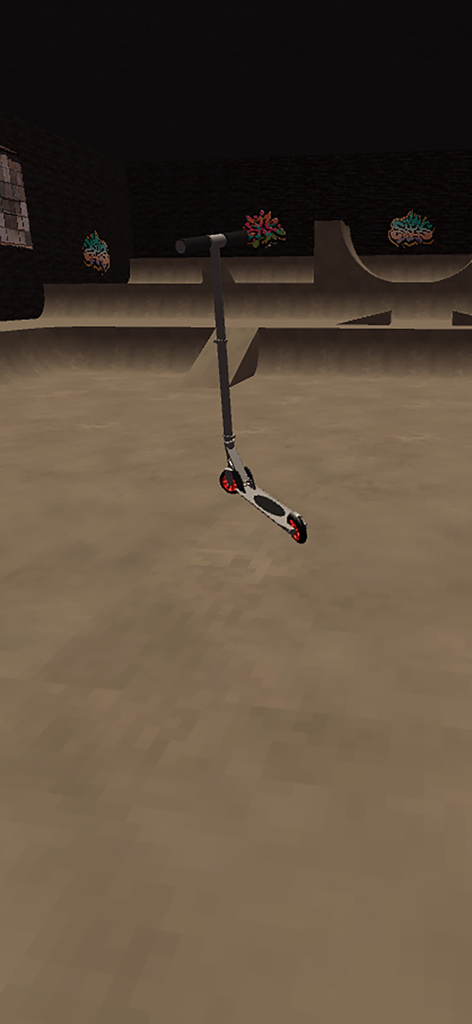 A pro scooter in a 3D indoor skatepark with ramps and graffiti