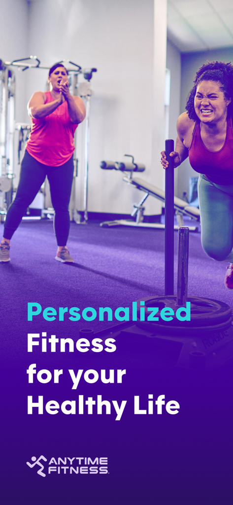 AF App - Zwei Frauen trainieren im Anytime Fitness Studio mit Text über personalisierte Fitness