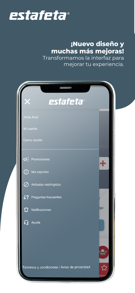 Menu lateral do aplicativo Estafeta movil mostrando promoções da conta e opções de ajuda