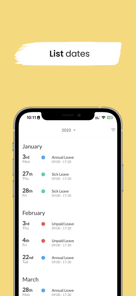 Interfaccia dell'app Leave Dates che mostra un elenco cronologico di voci di ferie annuali, di malattia e non retribuite per mese