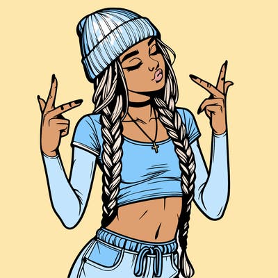realistic teenage girl with braids and a beanie and crop top doing 🫶🏼