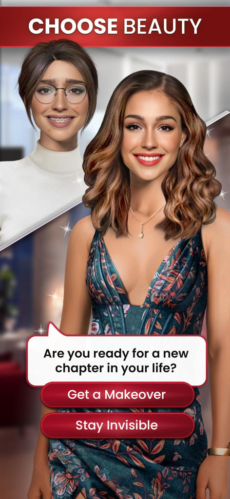Scandal: Play Love Story Games - A choice screen in Scandal game showing a character before and after a makeover with options to Get a Makeover or Stay Invisible