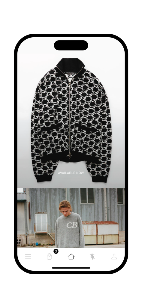 Cole Buxton - La schermata principale dell'app Cole Buxton che mostra una giacca in maglia a fantasia e una collezione di streetwear minimalista.
