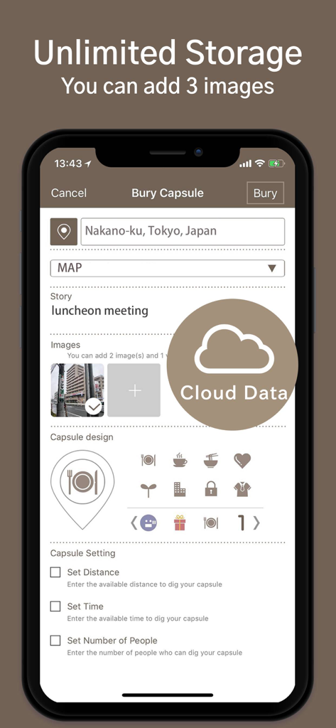 MAP COLLECTION diground - Interface do aplicativo Diground para criar uma cápsula do tempo digital com localização e ícones personalizados.