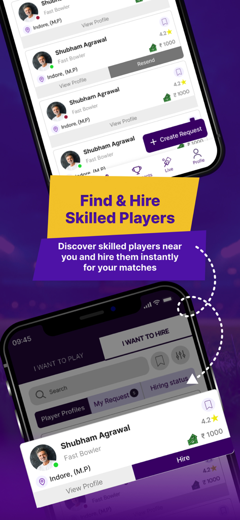 CrickBro - Cricket Scoring App - CrickBro app interface for finding and hiring skilled cricket players for local matches.