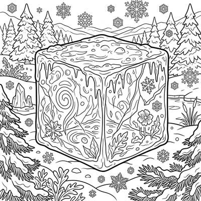 Step into a magical winter scene featuring an extraordinary jelly cube. This coloring page offers a captivating blend of frosty landscapes and intriguing designs, perfect for a cozy creative escape.