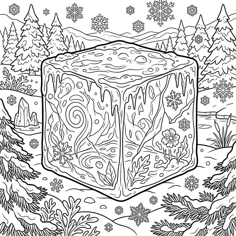 Step into a magical winter scene featuring an extraordinary jelly cube. This coloring page offers a captivating blend of frosty landscapes and intriguing designs, perfect for a cozy creative escape.
