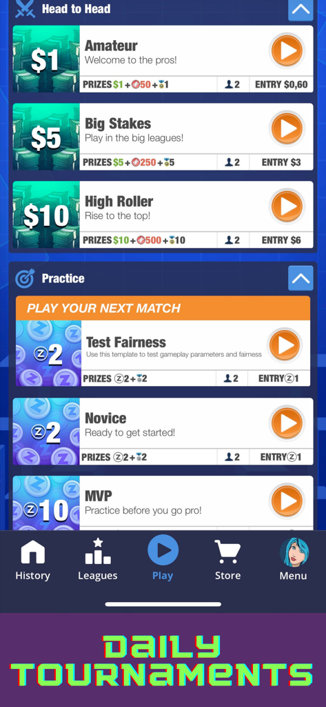 Block Puzzle Real Cash Edition - Interface of Block Puzzle Real Cash Edition showing head to head tournament tiers and practice match options