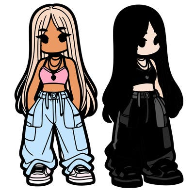 girl in baggy pants crop top and long hair