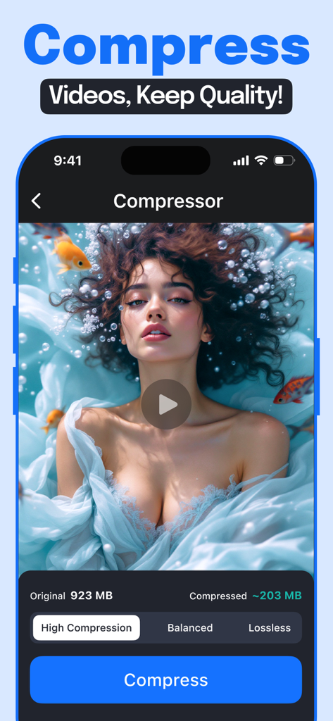 Interface of the Clear app showing video compression from 923 MB to 203 MB to save phone storage